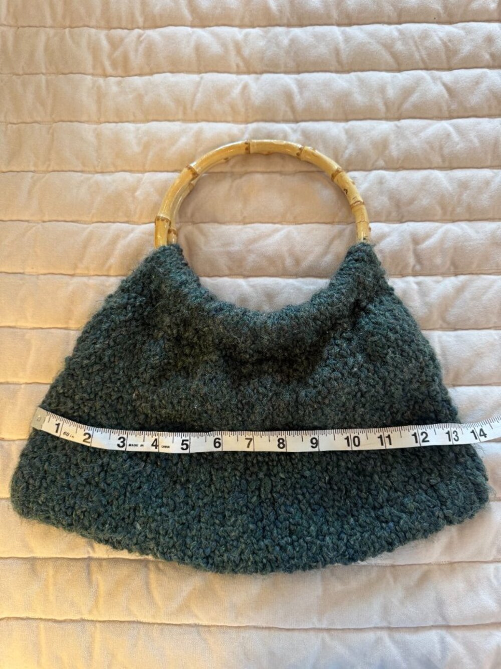 Vintage Green Knit Wool Bag Round Bamboo Handles - Picture 3 of 6